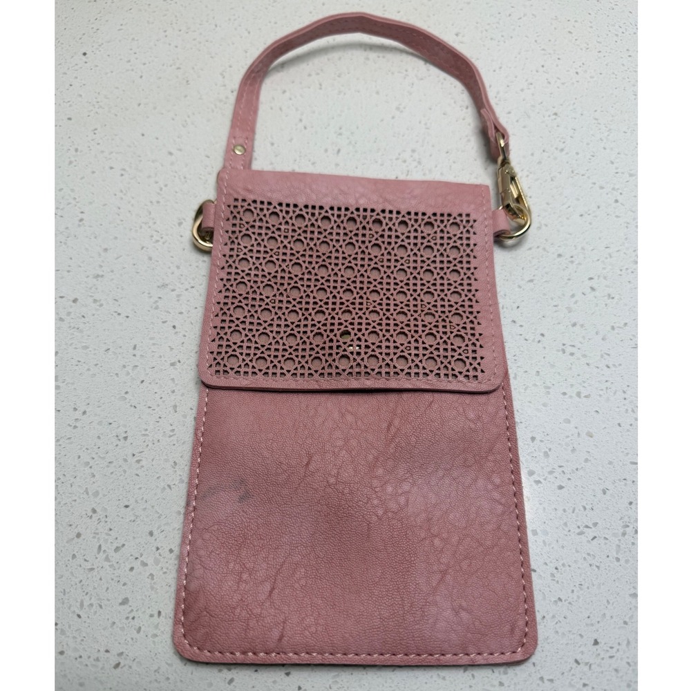 Mauve Pink Laser Cut Faux Leather Crossbody Phone Bag Clear Window Wristlet